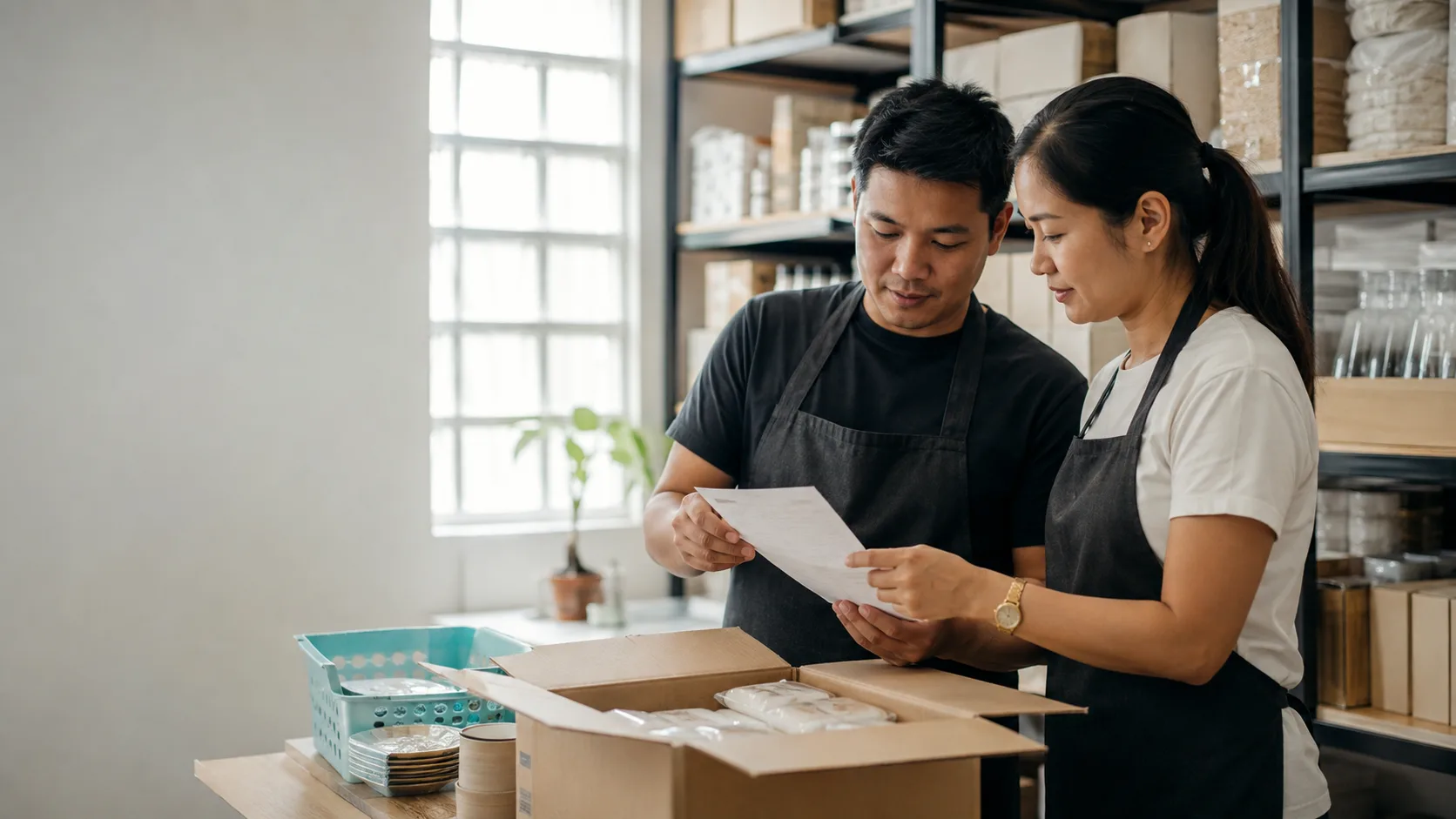 Editorial illustration of a Philippine stockroom team checking goods